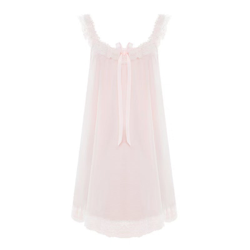 Nuo Xian Yun Spring and Summer Mid-Length Sweet U-Neck Mesh Modal Lace Strap Fairy Style Nightgown for Women