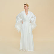 Floor Length Feather Trim Kimono Robe