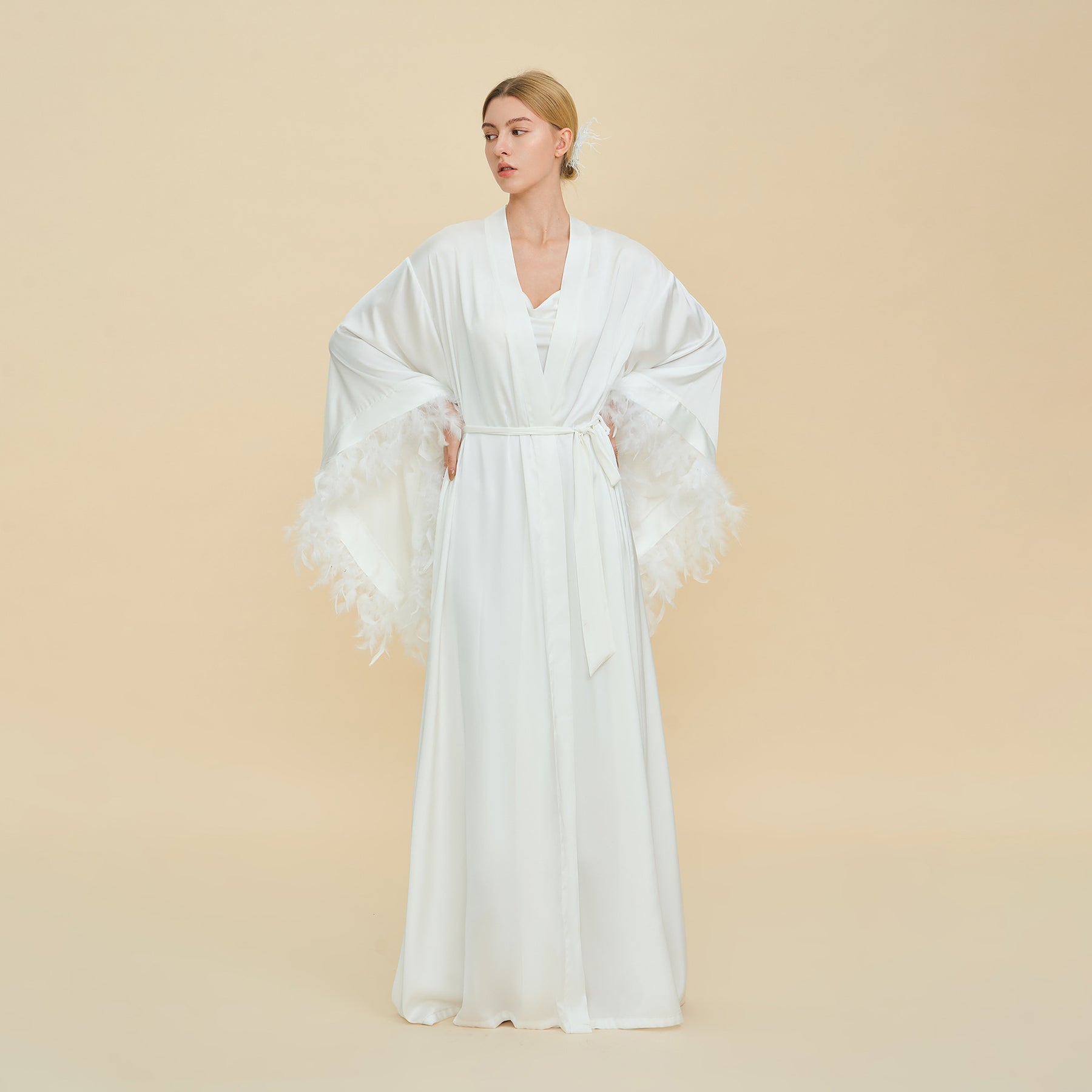 Floor Length Feather Trim Kimono Robe