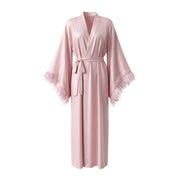 Floor Length Feather Trim Kimono Robe