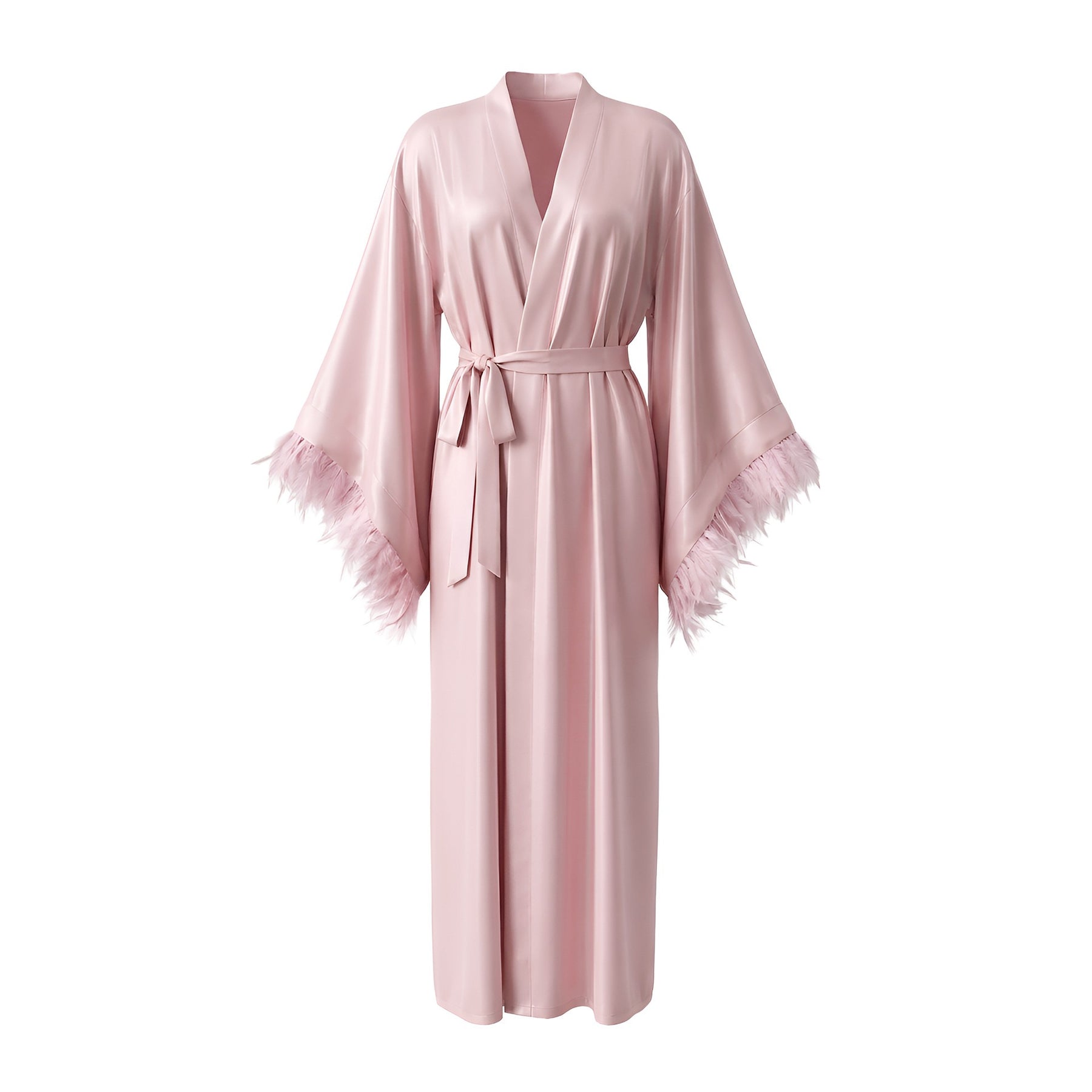 Floor Length Feather Trim Kimono Robe
