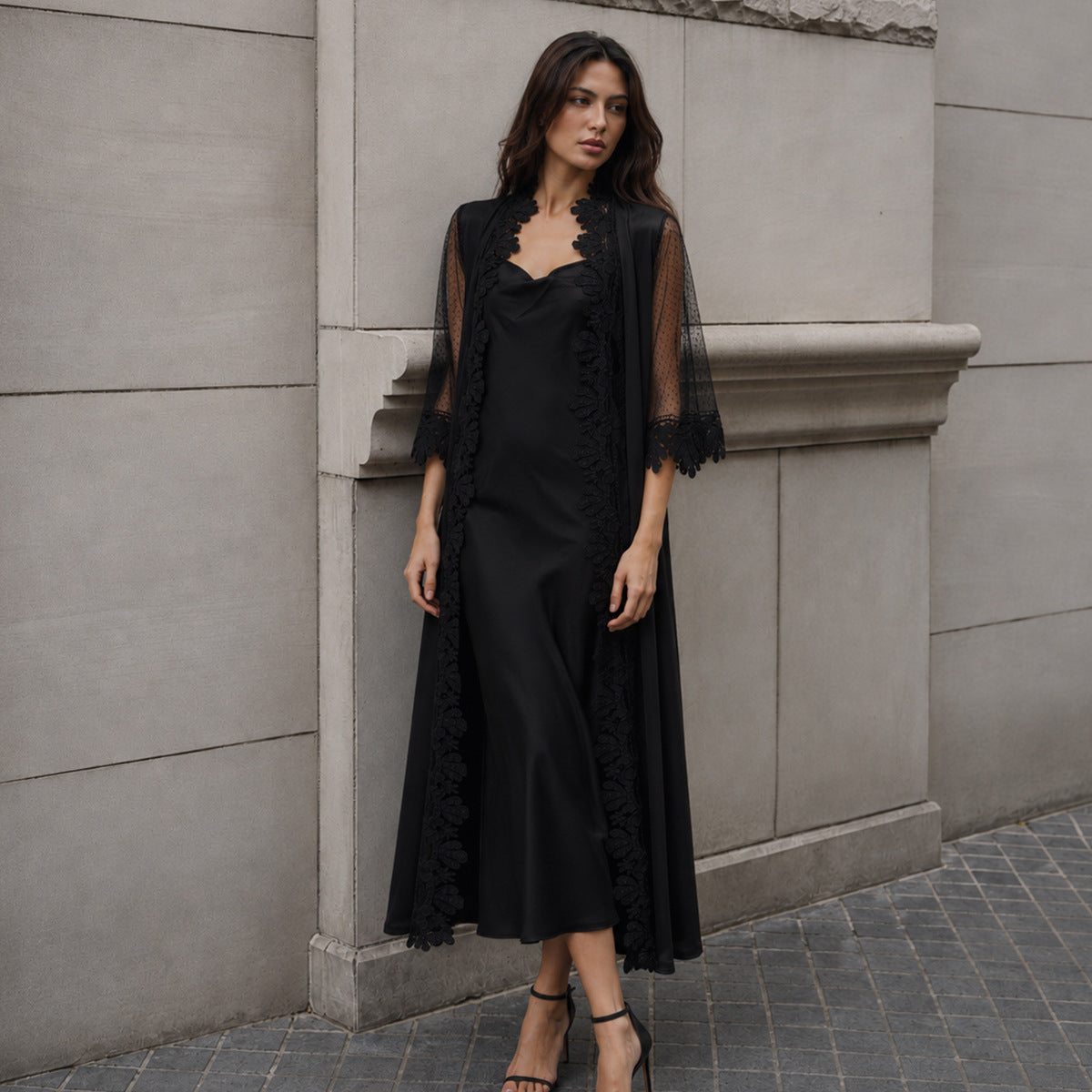Sheer Mesh Robe and Satin Nightgown Set