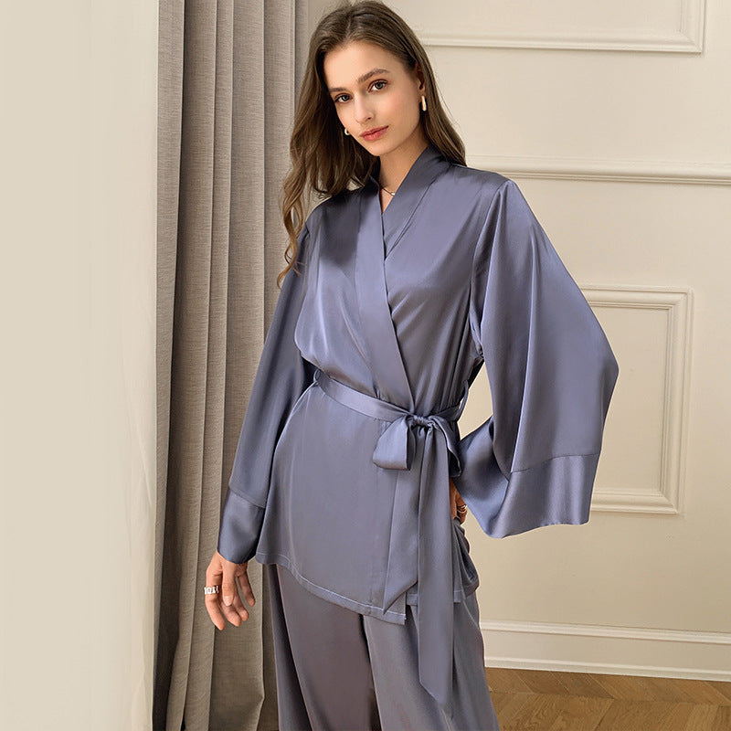 Satin Wrap Lounge Set with Wide Leg Pants