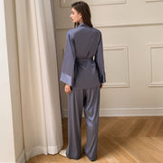 Satin Wrap Lounge Set with Wide Leg Pants