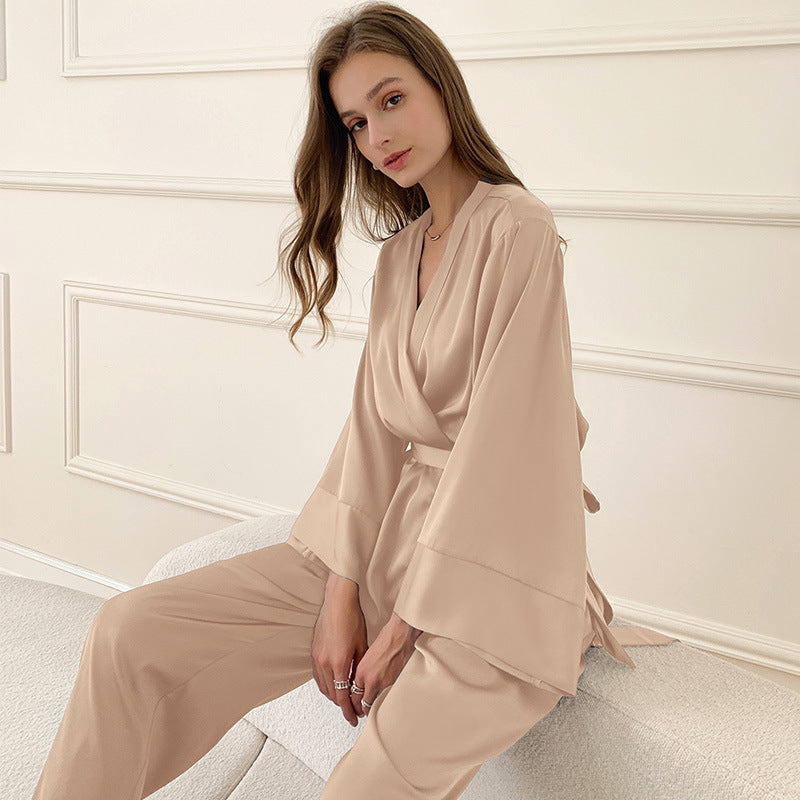 Satin Wrap Lounge Set with Wide Leg Pants