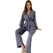 Satin Wrap Lounge Set with Wide Leg Pants