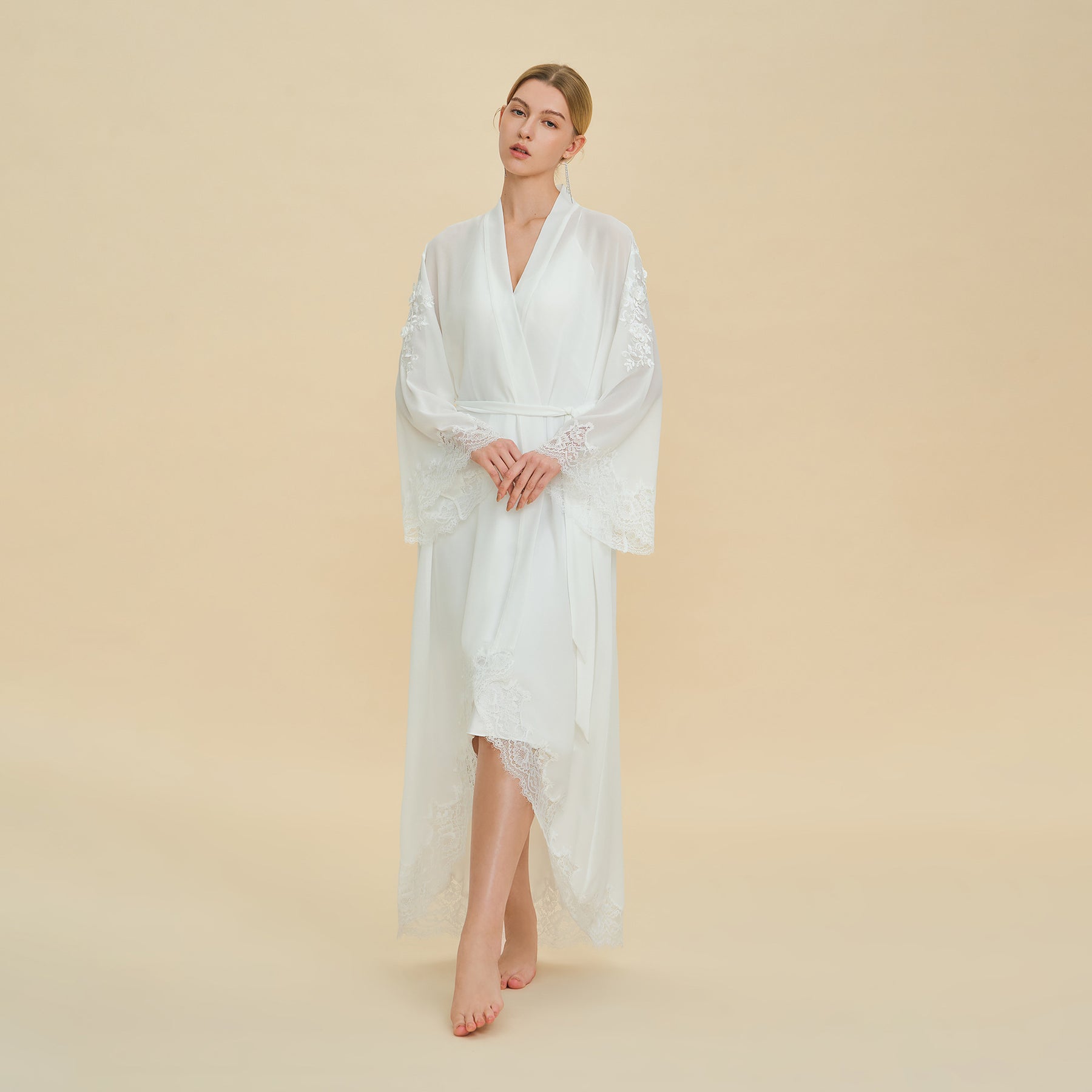 Sheer Chiffon Robe with Floral Lace Hem