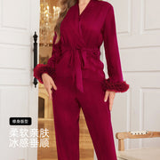 Feather Trim Satin Wrap Pajama Set