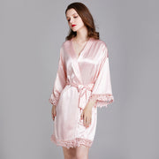 Short Satin Kimono Robe with Lace Trim