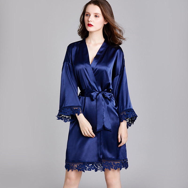 Short Satin Kimono Robe with Lace Trim