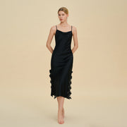 Cowl Neck Midi Slip Dress with Ruffled Slit