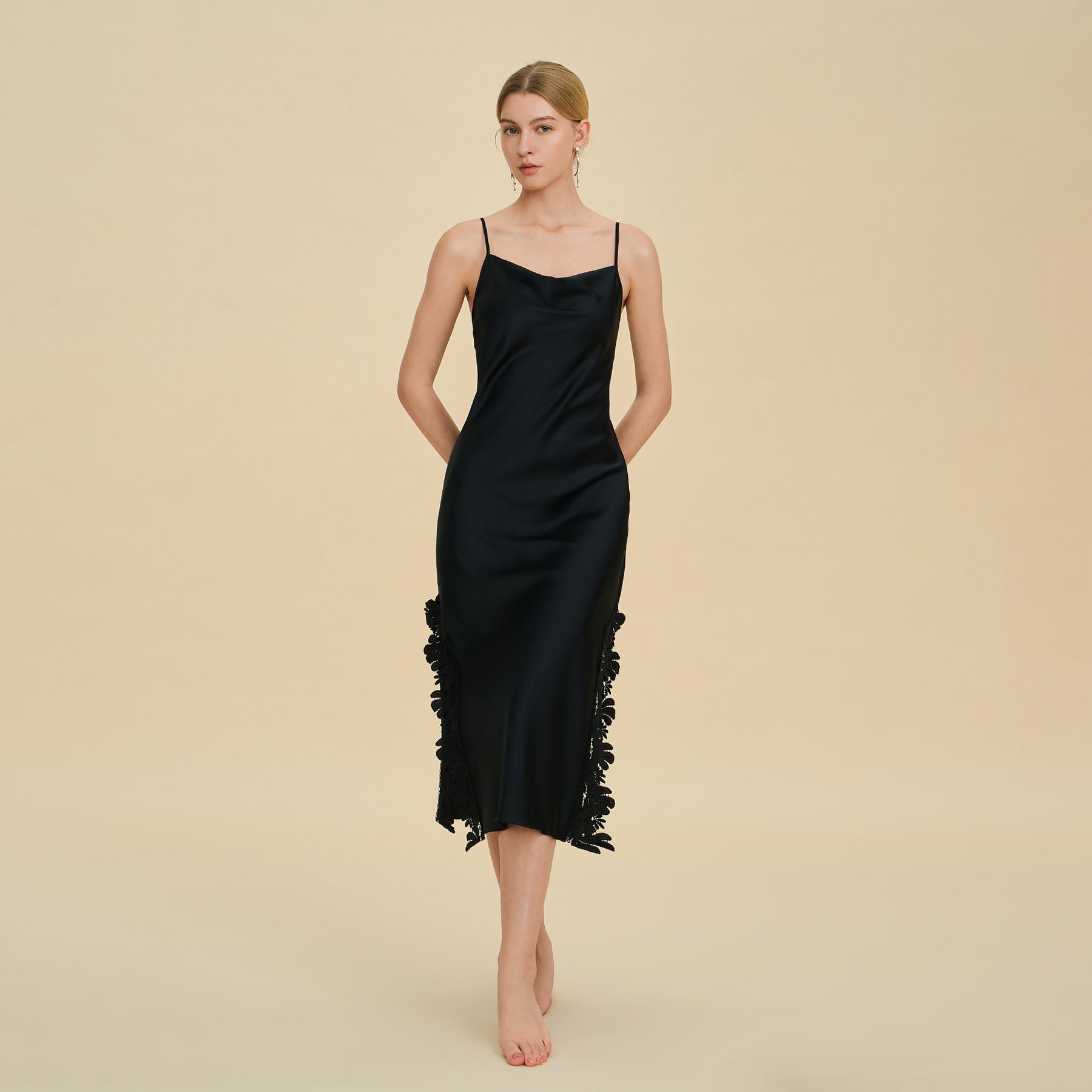 Cowl Neck Midi Slip Dress with Ruffled Slit