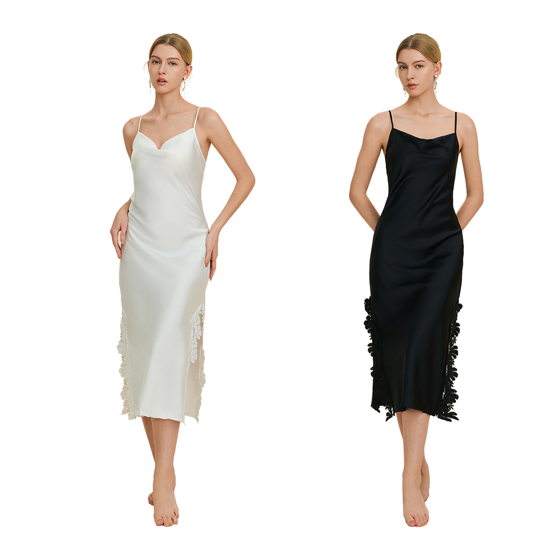 Cowl Neck Midi Slip Dress with Ruffled Slit