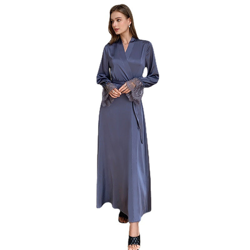 Long Satin Wrap Robe with Lace Bell Sleeves