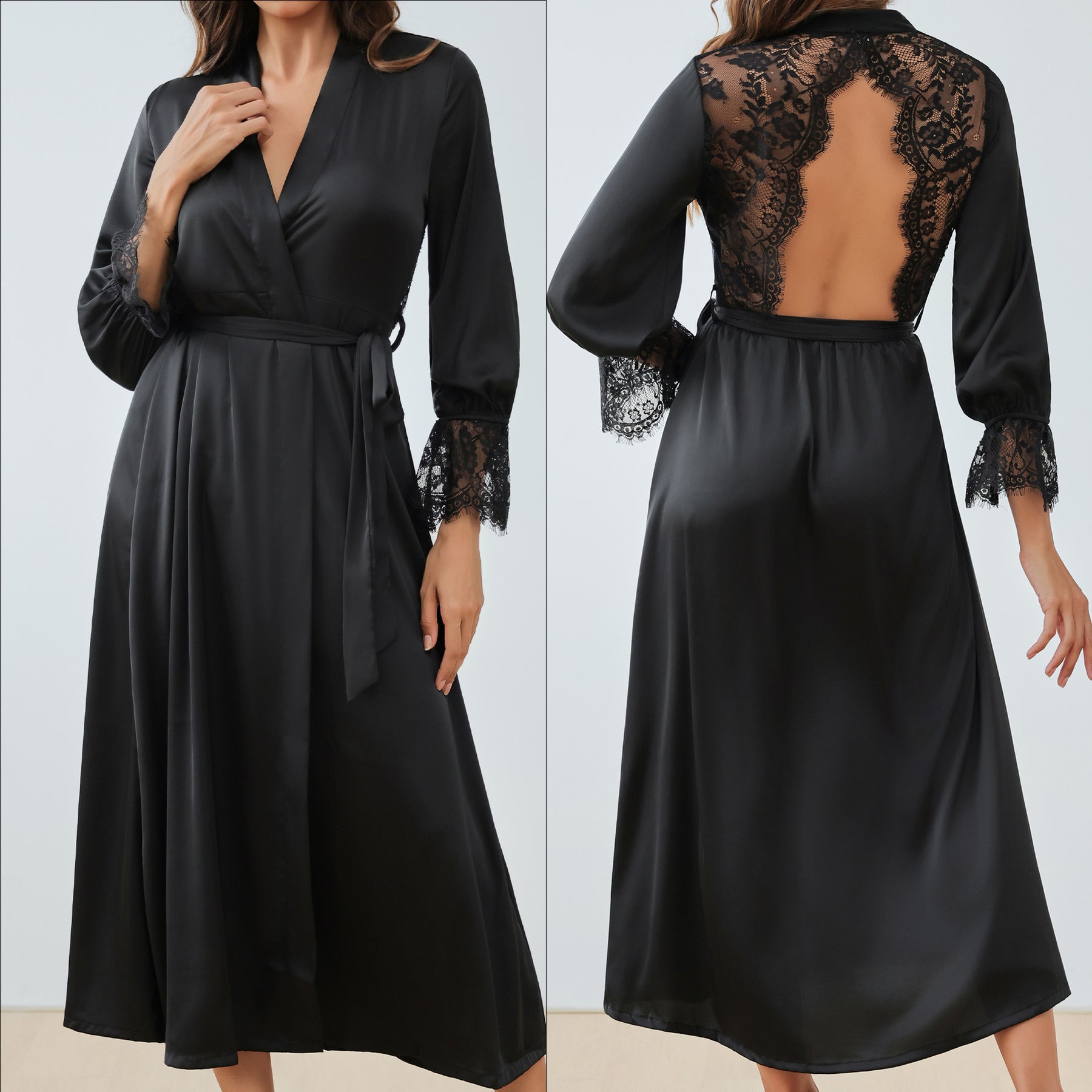 Long Satin Wrap Robe with Lace Bell Sleeves
