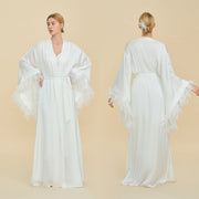 Floor Length Feather Trim Kimono Robe