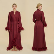 Floor Length Feather Trim Kimono Robe