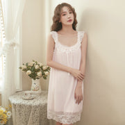 Nuo Xian Yun Spring and Summer Mid-Length Sweet U-Neck Mesh Modal Lace Strap Fairy Style Nightgown for Women