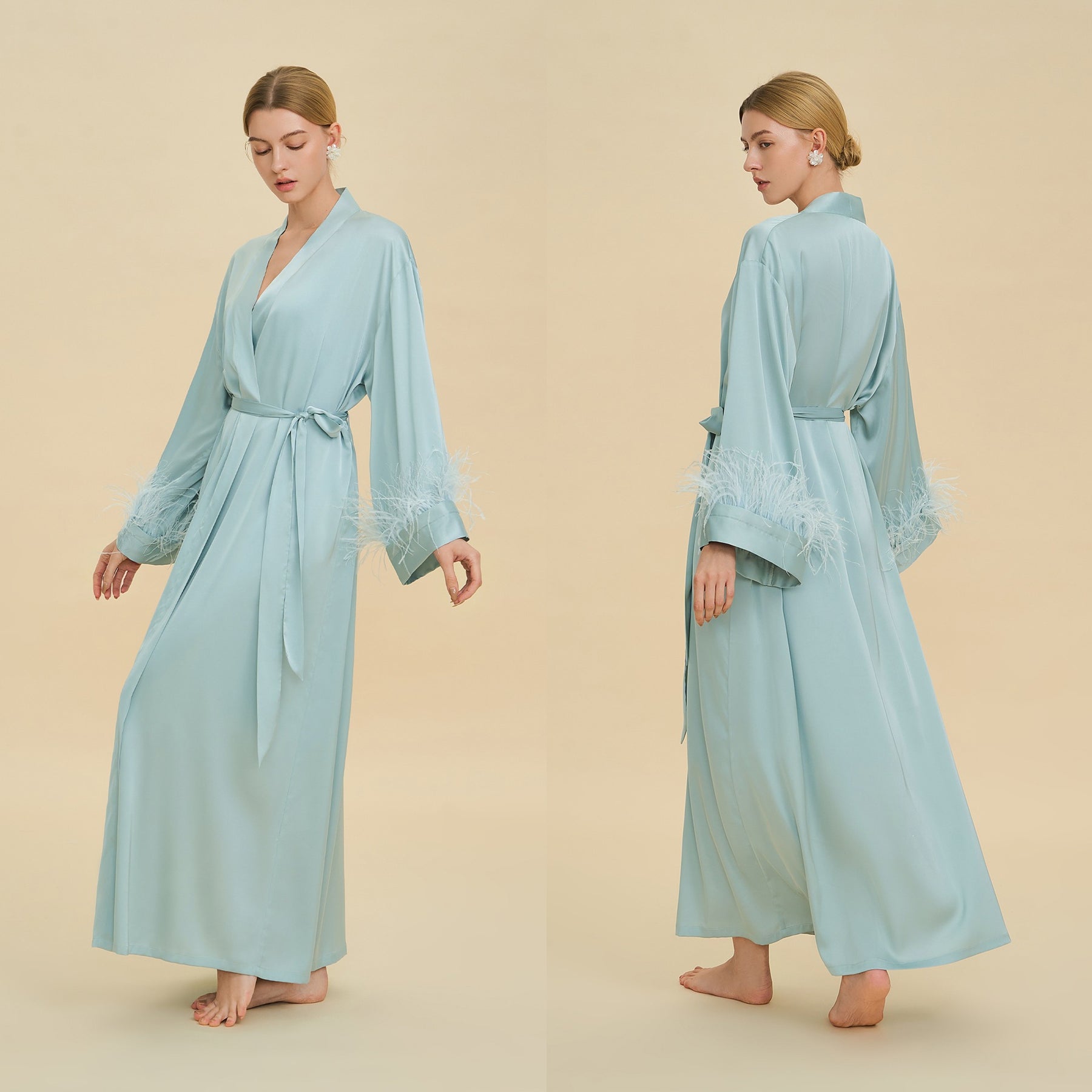Floor Length Feather Trim Kimono Robe