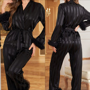 Feather Trim Satin Wrap Pajama Set