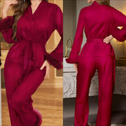 Feather Trim Satin Wrap Pajama Set