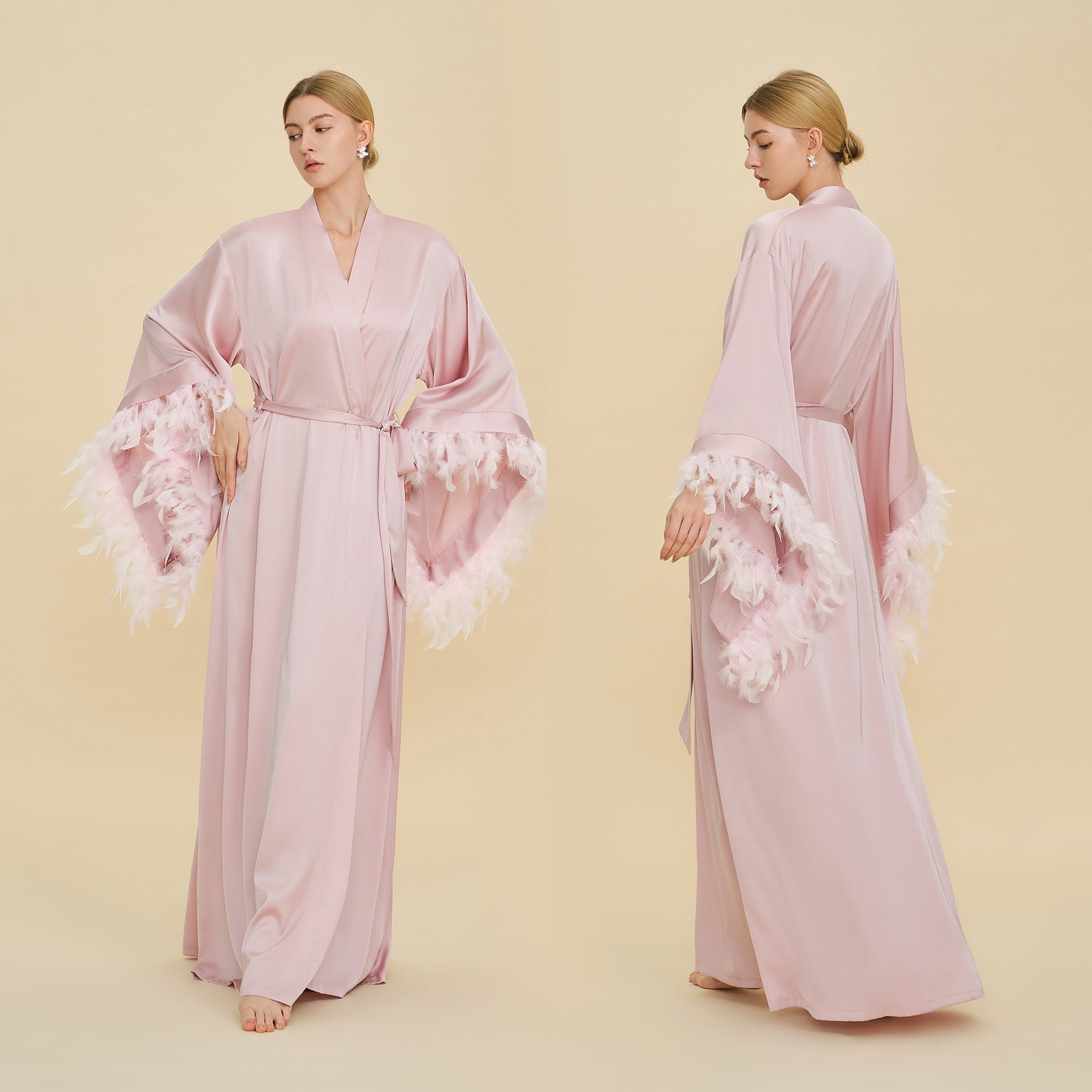 Floor Length Feather Trim Kimono Robe
