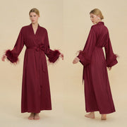 Floor Length Feather Trim Kimono Robe