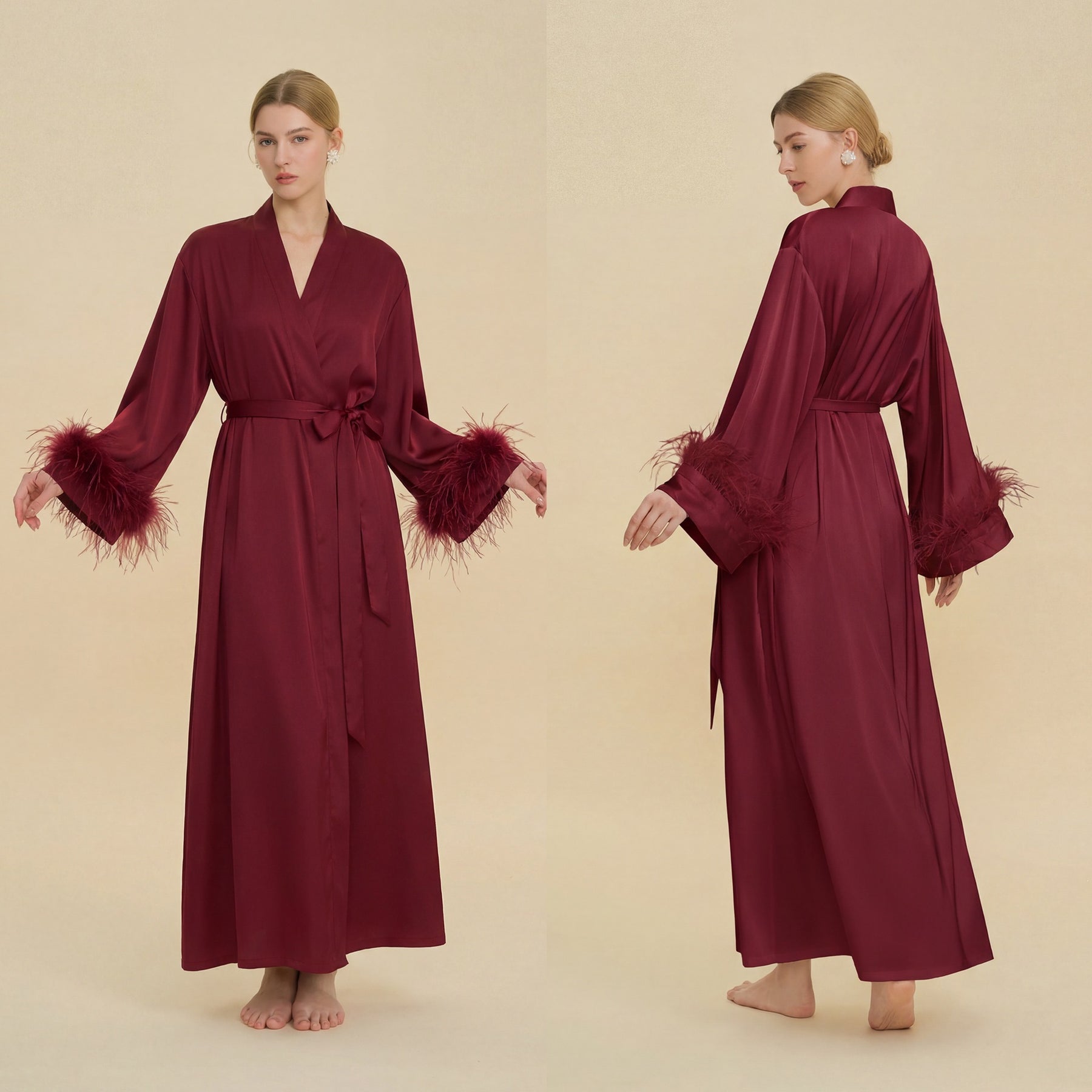 Floor Length Feather Trim Kimono Robe