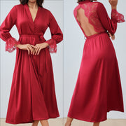 Long Satin Wrap Robe with Lace Bell Sleeves