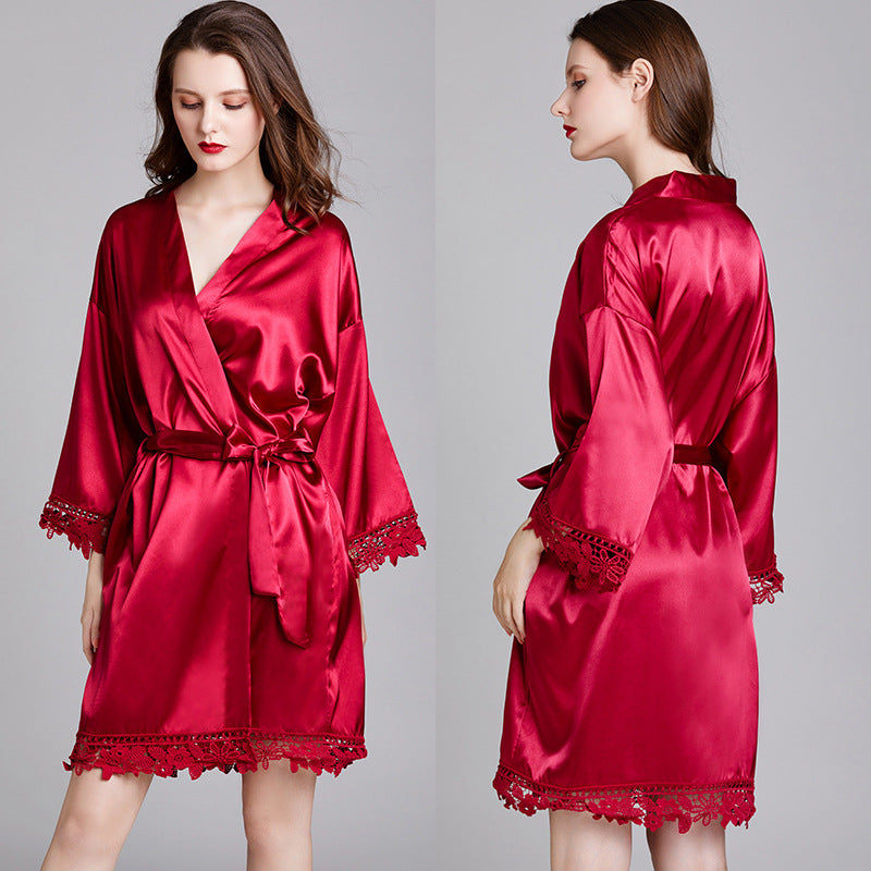 Short Satin Kimono Robe with Lace Trim