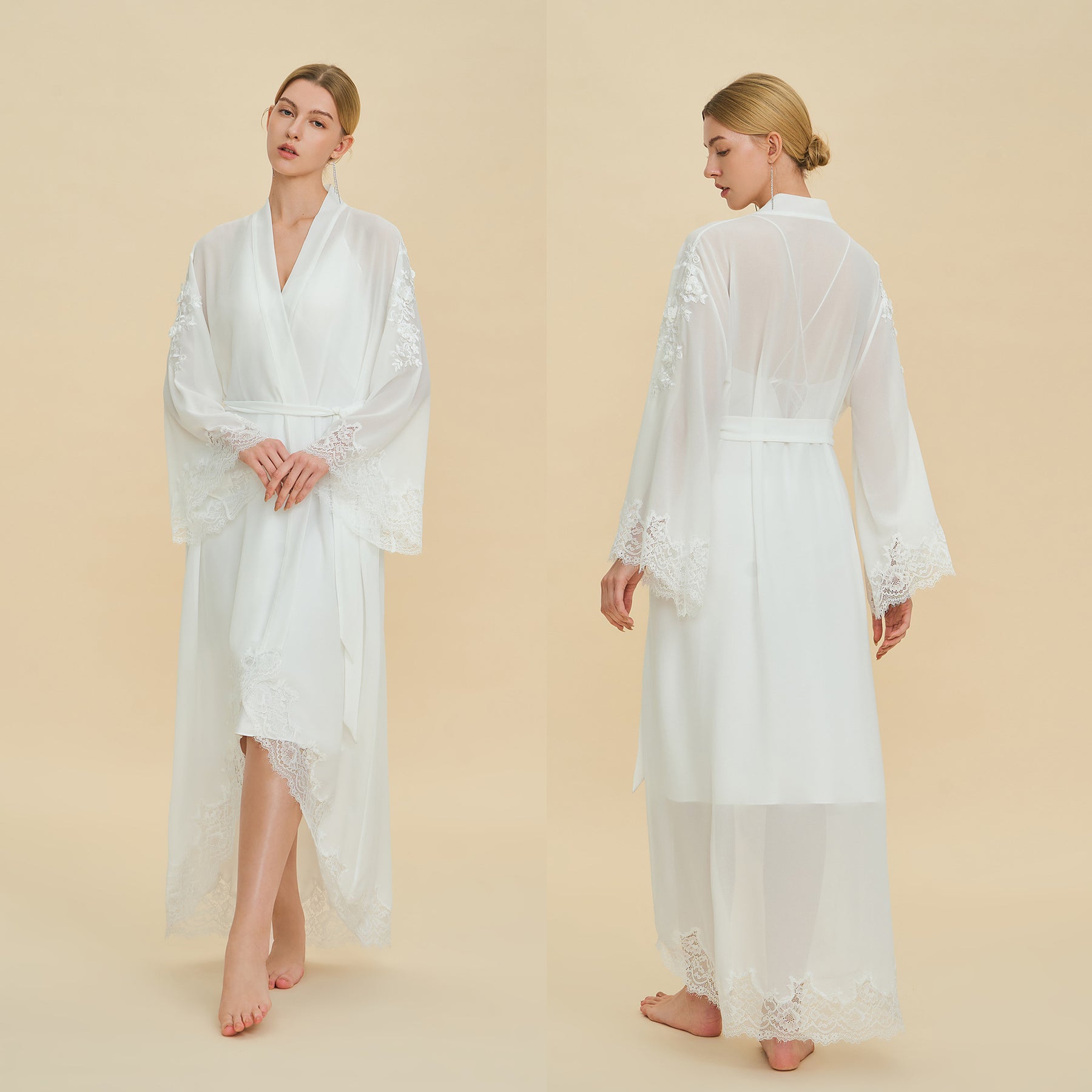 Sheer Chiffon Robe with Floral Lace Hem