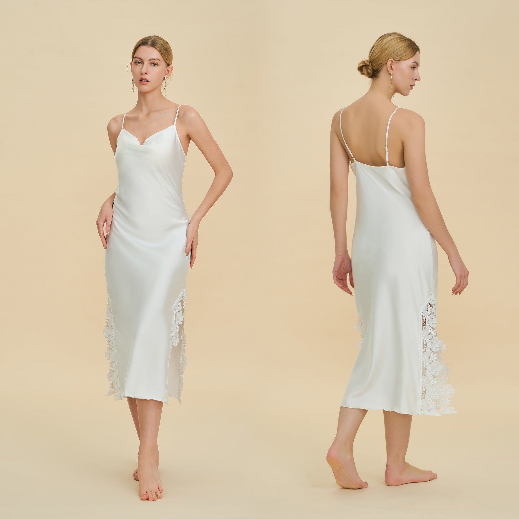 Cowl Neck Midi Slip Dress with Ruffled Slit