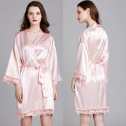 Short Satin Kimono Robe with Lace Trim