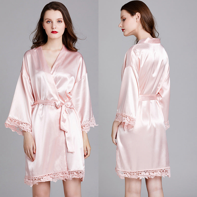 Short Satin Kimono Robe with Lace Trim