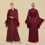 Floor Length Feather Trim Kimono Robe