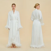 Floor Length Feather Trim Kimono Robe