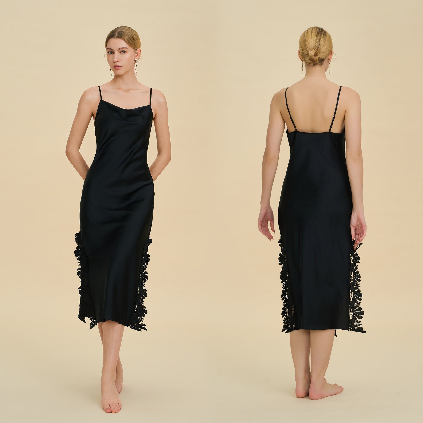 Cowl Neck Midi Slip Dress with Ruffled Slit