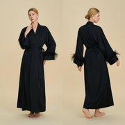 Floor Length Feather Trim Kimono Robe