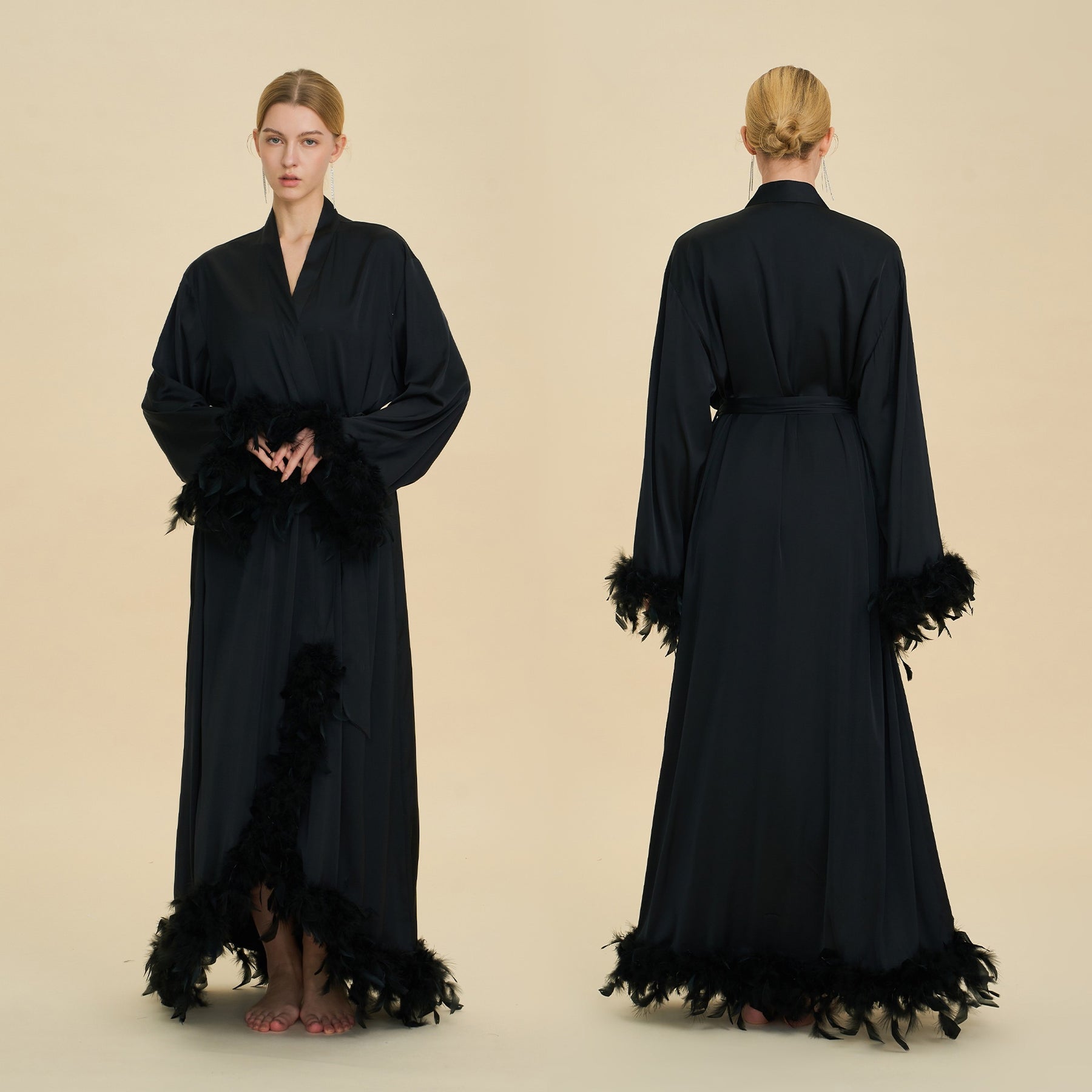 Floor Length Feather Trim Kimono Robe