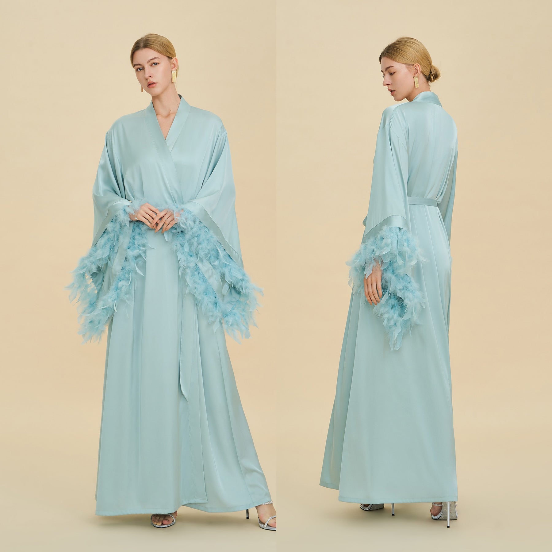 Floor Length Feather Trim Kimono Robe