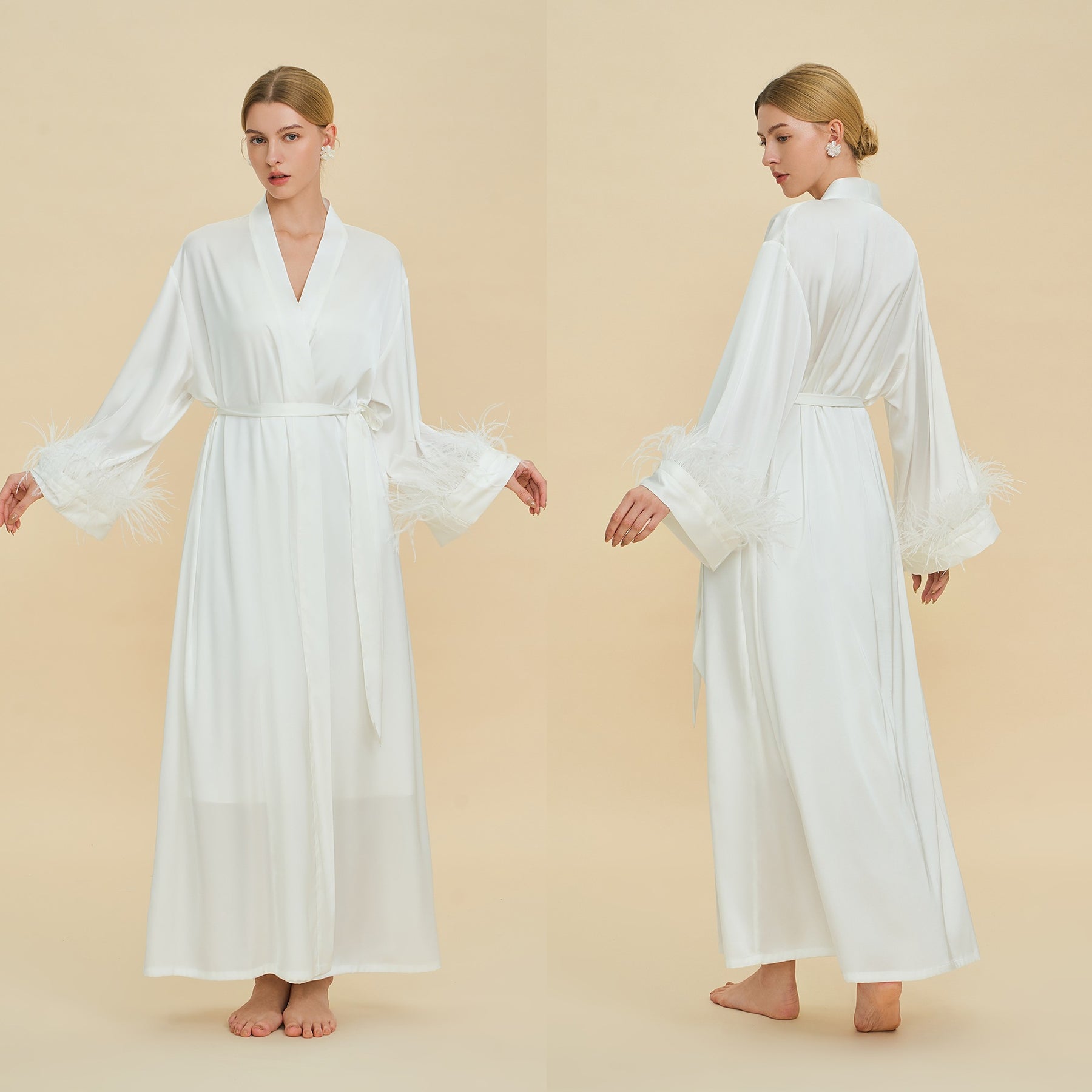 Floor Length Feather Trim Kimono Robe