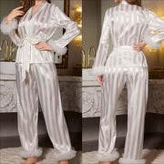 Feather Trim Satin Wrap Pajama Set