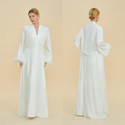 Floor Length Feather Trim Kimono Robe