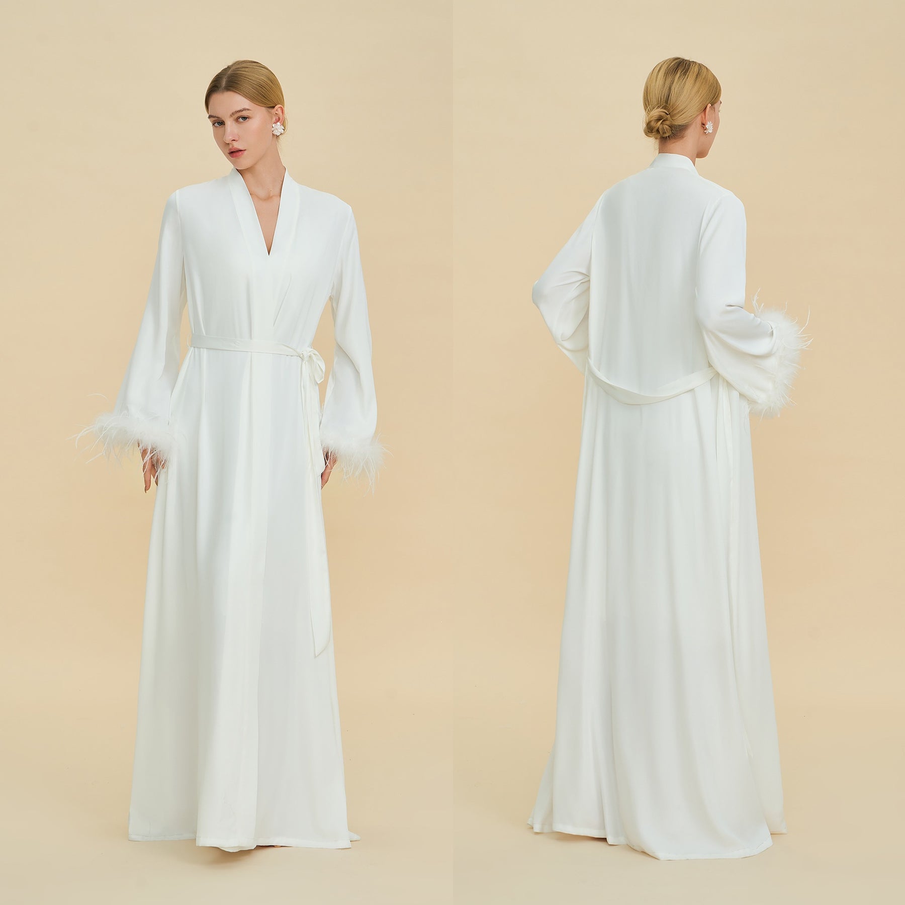 Floor Length Feather Trim Kimono Robe