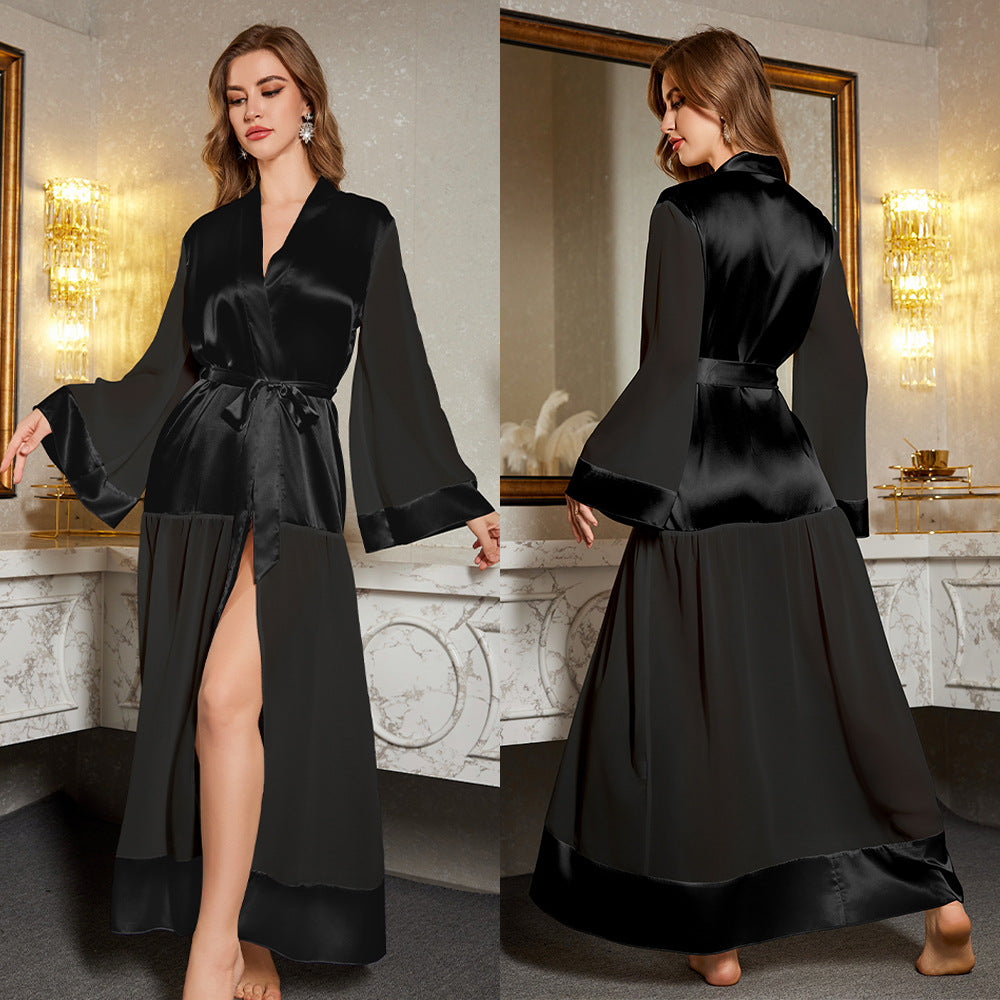 Floor Length Satin Robe with Sheer Flared Sleeves