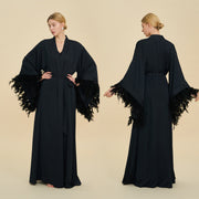 Floor Length Feather Trim Kimono Robe