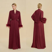 Floor Length Feather Trim Kimono Robe