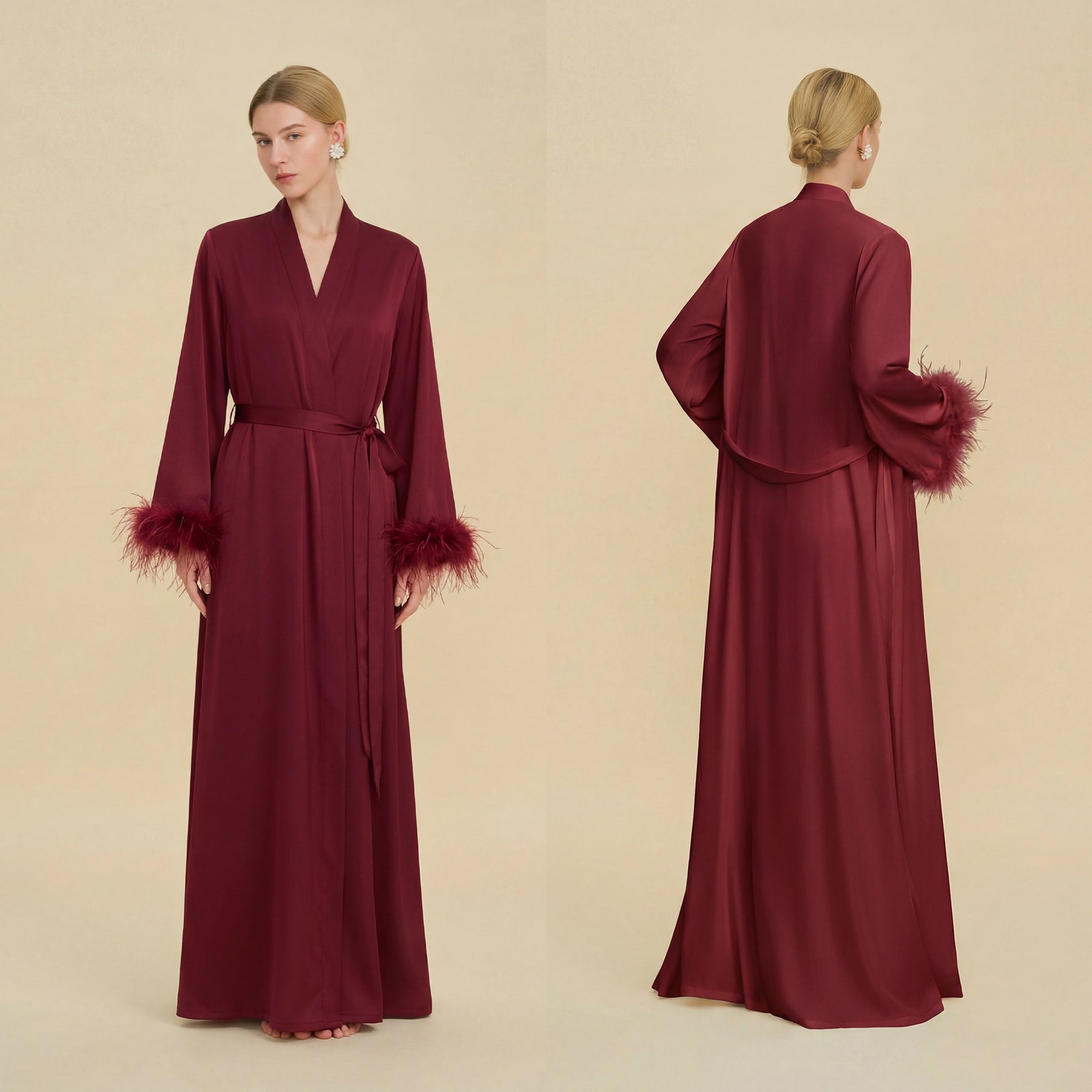 Floor Length Feather Trim Kimono Robe