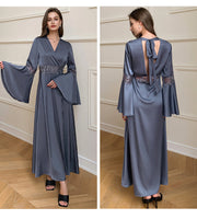 Long Satin Wrap Robe with Lace Bell Sleeves
