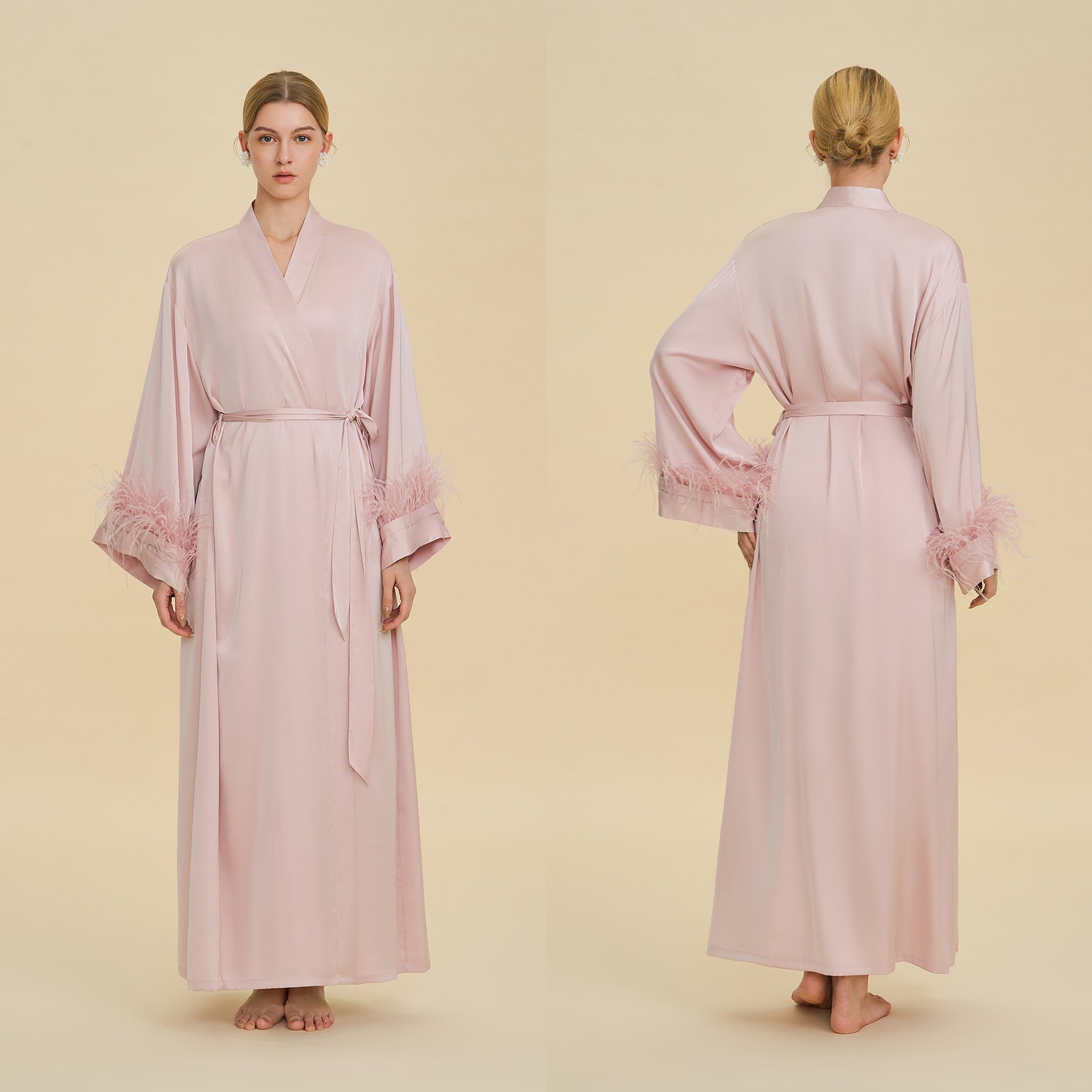 Floor Length Feather Trim Kimono Robe